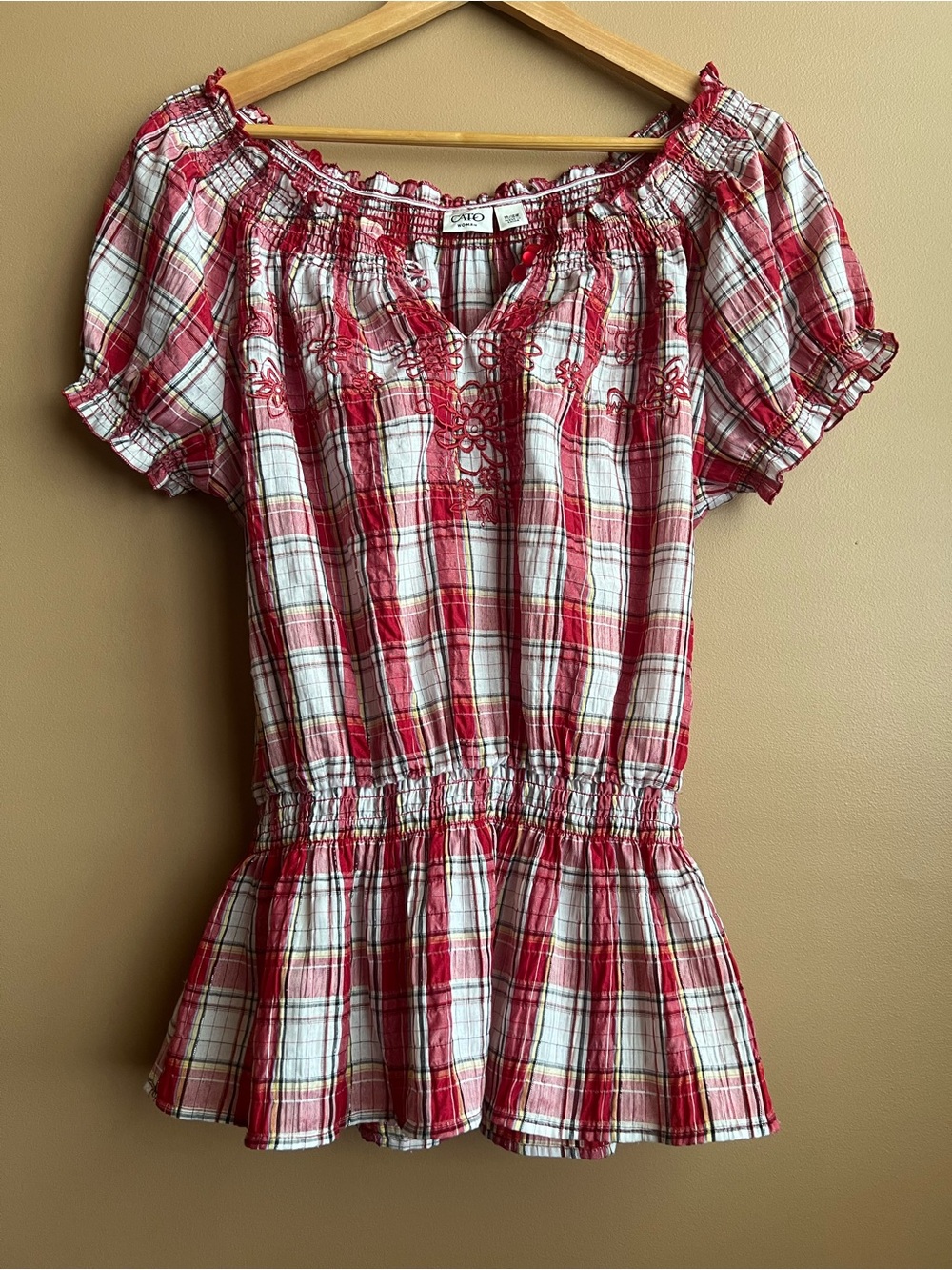 Cato Plaid Peasant Blouse with Smocked yoke, puff sleeve, and embroidery. 14/16.